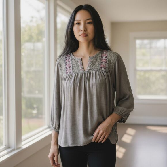 Anthro Size S Azel Hazel Haze Embroidered Lace Yoke Boho Blouse in Sage Green - Picture 1 of 8